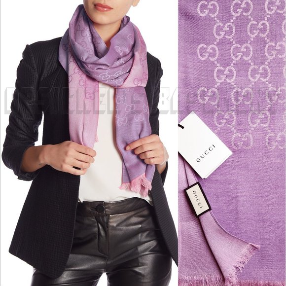 GUCCI Amethyst lilac & pink GGNAT wool & silk 18"x70" shawl Pashmina scarf NWT - Picture 1 of 9
